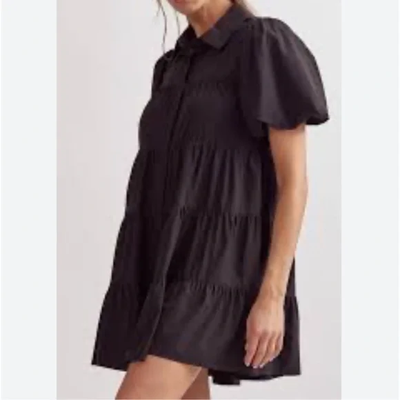 Puff sleeve black tiered mini dress size M - Picture 2 of 5